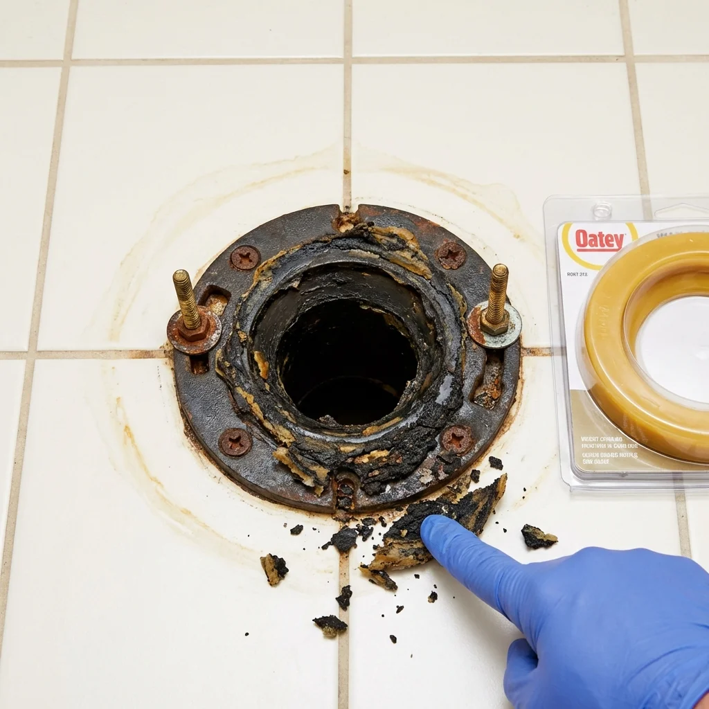 Failed wax ring showing water seepage at the base of a toilet in a Barnwell, SC home