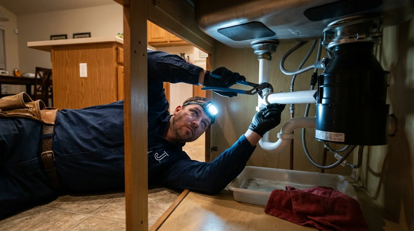 P-trap and supply line connections under a kitchen sink showing a common leak point in Barnwell, SC
